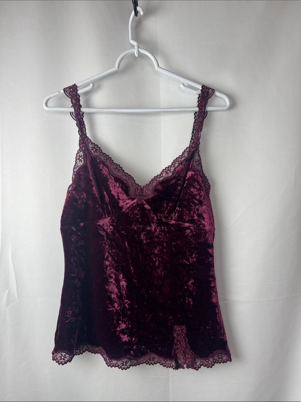 Express Crushed Velvet Lace Camisole Y2K Style Burgundy Size L